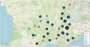 Carte interactive des via ferratas de France avec markers colorés par niveau de difficulté