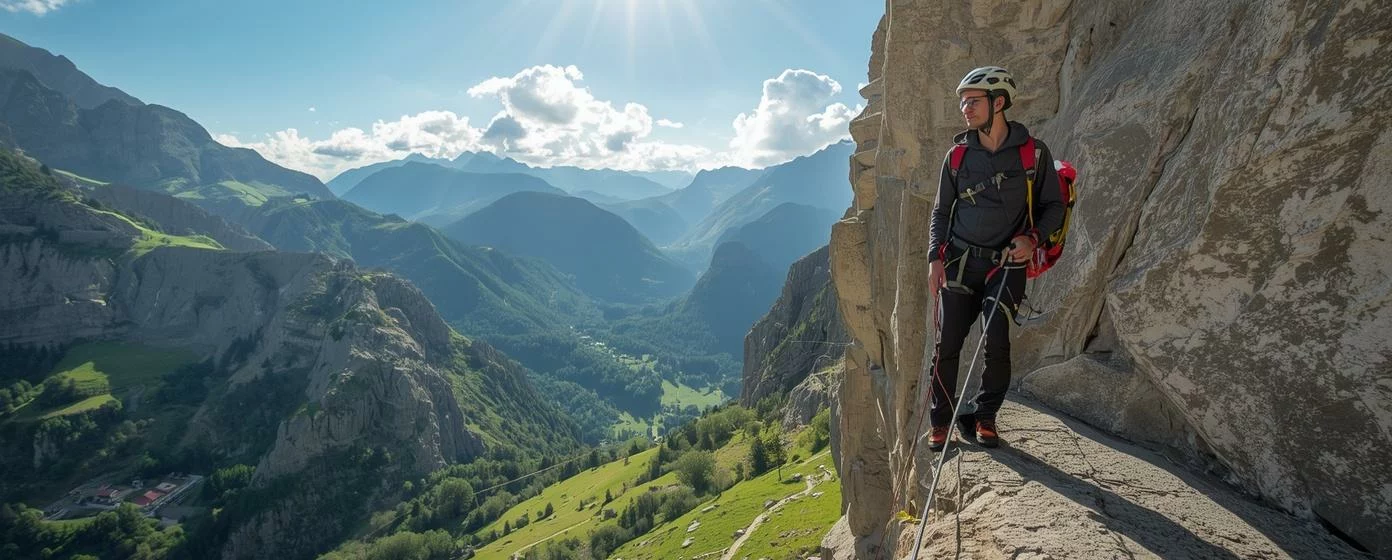 Grimpeur équipé d'un casque et d'un baudrier sur un câble de via ferrata, vue sur la vallée en contrebas