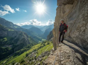 Grimpeur équipé d'un casque et d'un baudrier sur un câble de via ferrata, vue sur la vallée en contrebas