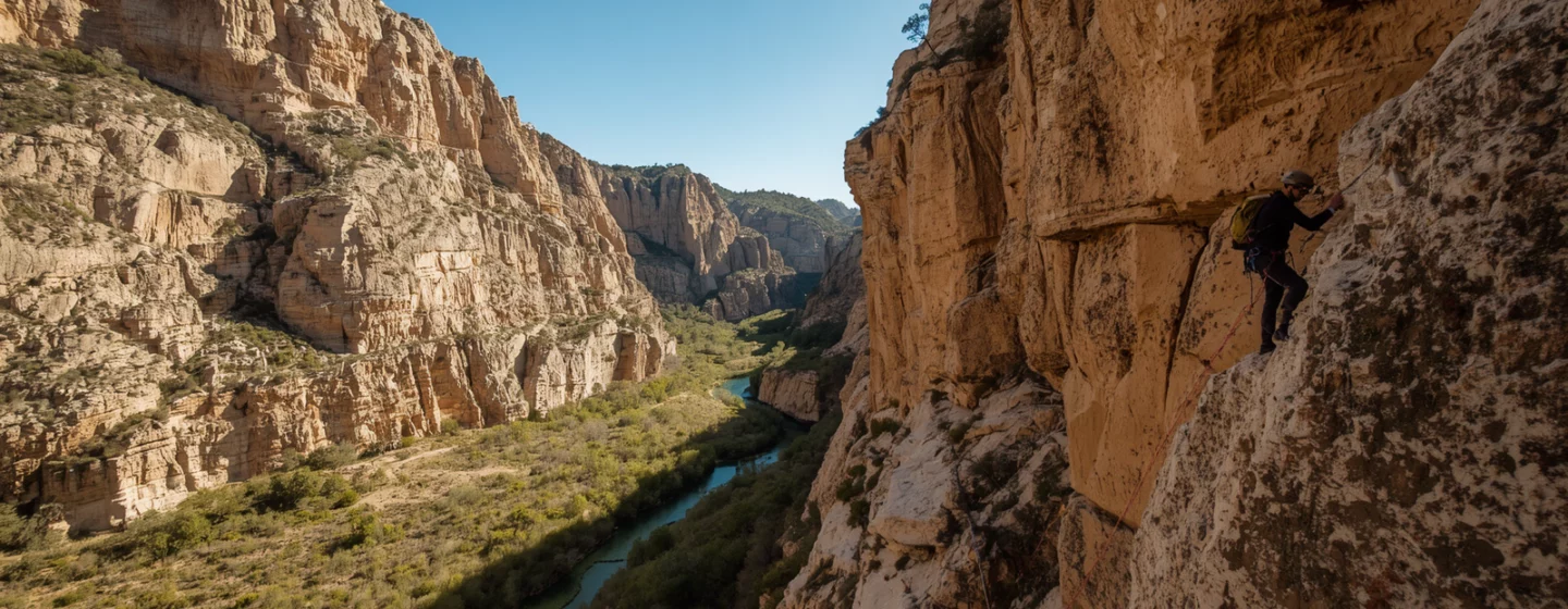 Via ferrata dans les gorges du sud Massif central, parois calcaires et rivière en contrebas