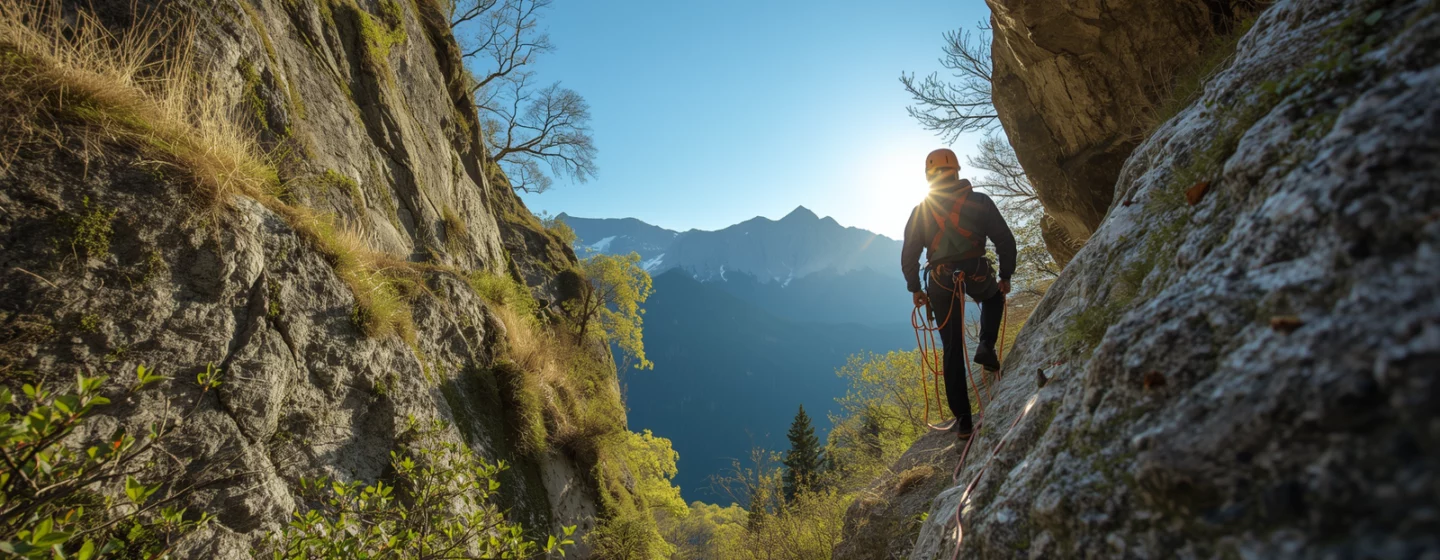 Grimpeur en via ferrata au printemps avec végétation verte et neige en arrière-plan