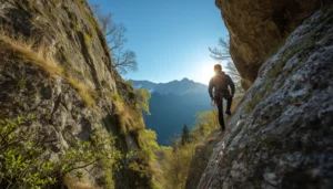 Grimpeur en via ferrata au printemps avec végétation verte et neige en arrière-plan