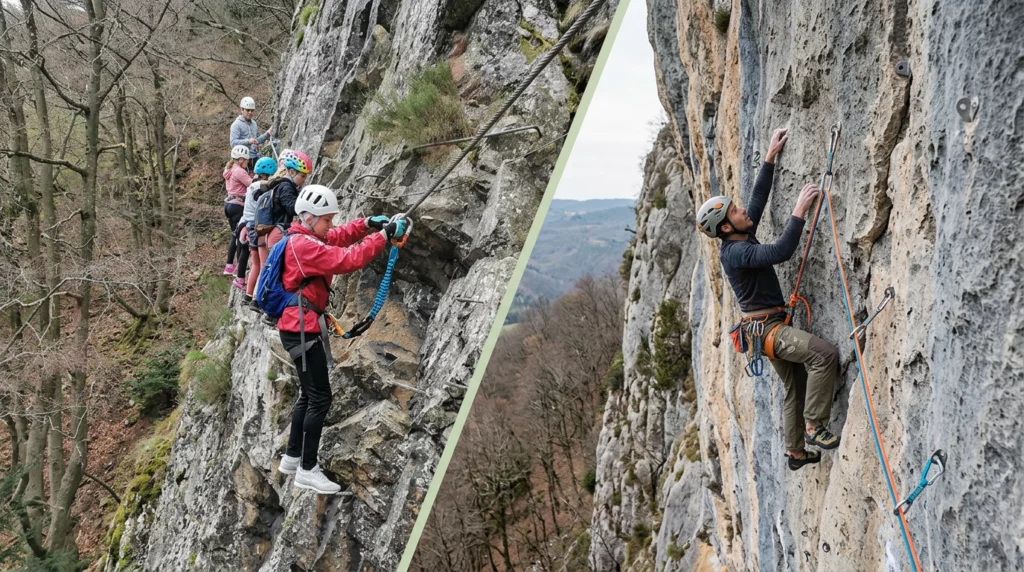 Comparaison via ferrata et escalade : équipement et technique côte à côte
