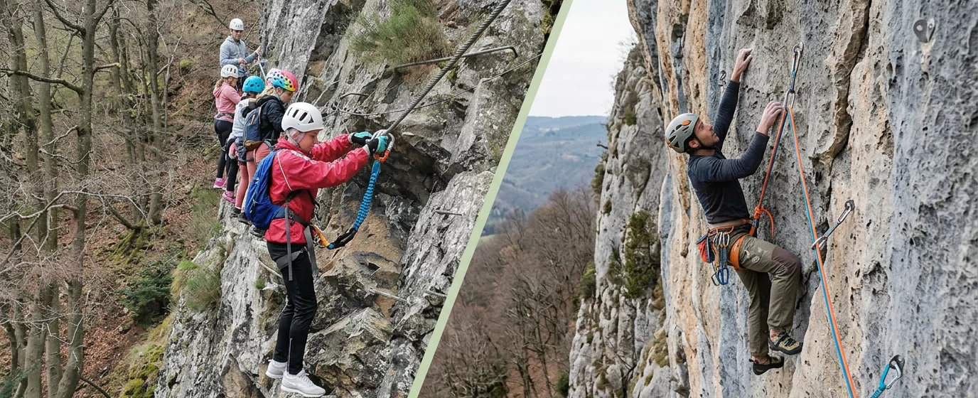Comparaison via ferrata et escalade : équipement et technique côte à côte