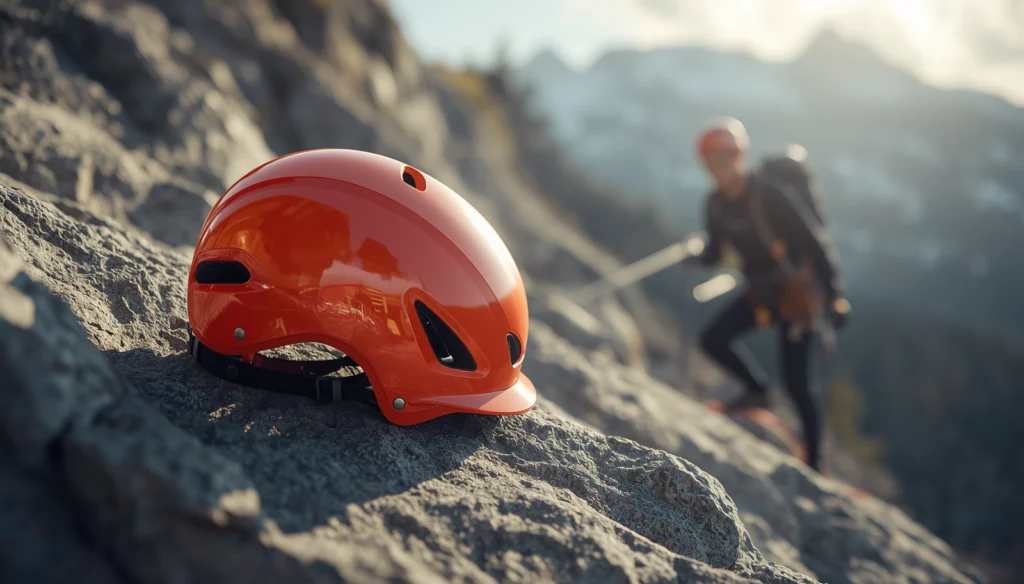 Casque de via ferrata orange posé sur paroi rocheuse avec grimpeur en arrière-plan