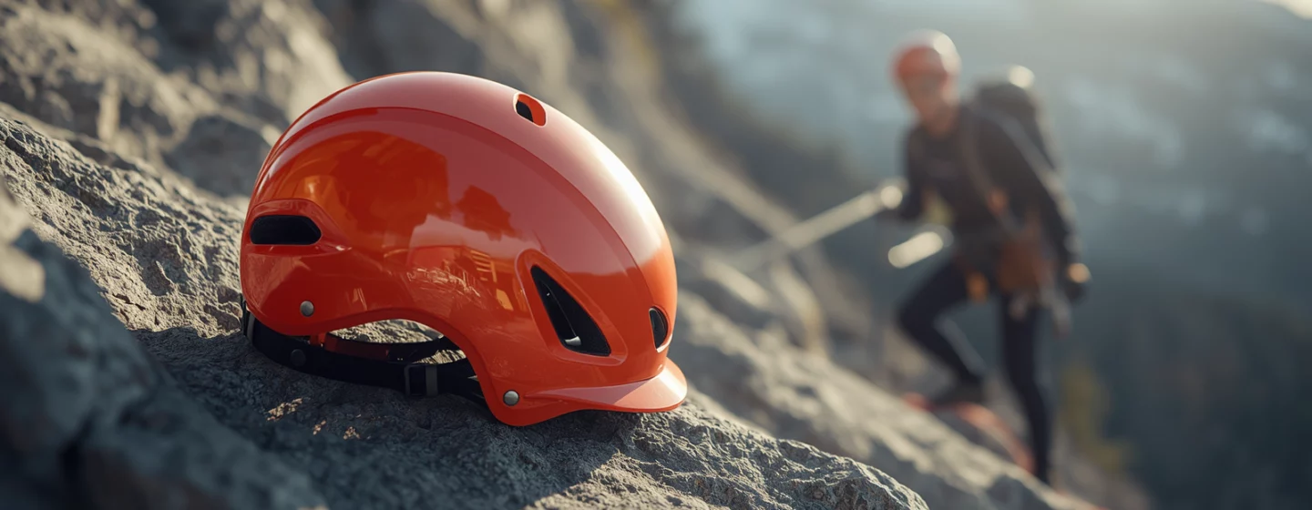 Casque de via ferrata orange posé sur paroi rocheuse avec grimpeur en arrière-plan