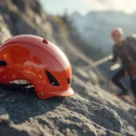 Casque de via ferrata orange posé sur paroi rocheuse avec grimpeur en arrière-plan