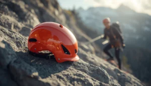 Casque de via ferrata orange posé sur paroi rocheuse avec grimpeur en arrière-plan